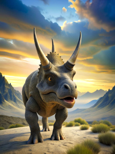 A triceratops with its distinctive horn charging forward in a jurassic lanscape. Front diagonal view