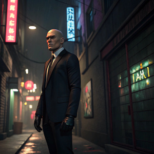 Agent 47, a character from video game franchise Hitman, in a digital 3D environment. Standing in a dimly lit alley with neon signs.