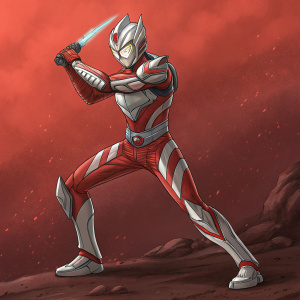 Digital illustration of Ultraman Geed. He is an extraterrestrial being with human-like appearance, clad in red and silver armor. He stands in a battle-ready pose against a fiery red backdrop.