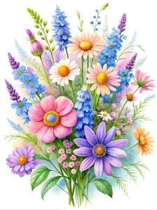 bouquet of wildflowers, daisies, bluebells, lupines