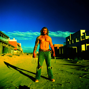 Sabretooth standing in a dystopian wasteland. He is shirtless, covered in scars and tattoos. His claws are extended, looking menacing.