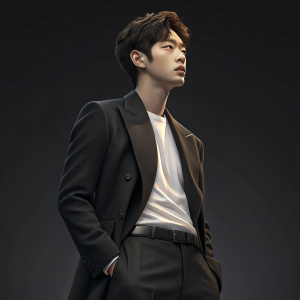 SEO Kang-joon, the K-pop star, wearing a black blazer and tailored pants, focused expression in a close-up shot. Dark studio background