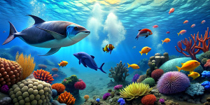 divers in the ocean swimming at the coral reef, in the background you can see beautiful colorful fish and a whale in the background, high quality, 8k, super realistic realistic elements