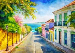 a street in a town, with colonial houses in blue, green, yellow, pink colors. Adorned with trees and yellow-green leaves, in the background you can see the sea with sky blue water, with the background blurred, a blurred royal blue sky, in the background of the sea you can see a city with a blurred surface, in a soft tone, in Varismo style watercolor