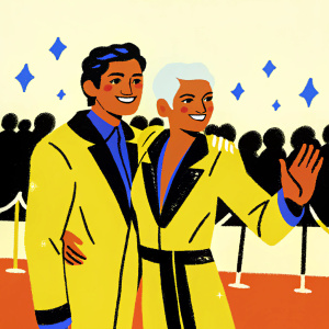 Hale Leon and Frankie Grande at the Spider-Man No Way Home premiere. Wearing vibrant yellow jacket with black accents, posing on red carpet, smiling