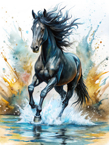 Cavallo Nero che corre nell acqua spiaggia sfondo bianco vernice graffiti 
