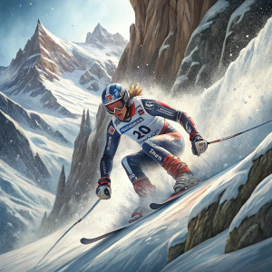 Ryan Cochran-Siegle, skiing down a rugged mountain slope, filled with snow and ice. High-speed dynamic action shot from FIS Alpine Ski World Cup event