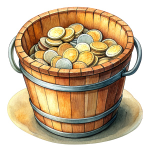 Bucket of  wooden coins, China