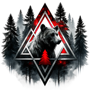 valknut runes pattern geometric symbols - bear and trees - tattoo design - perfect realistic art - high-definition - grey and black - white background 