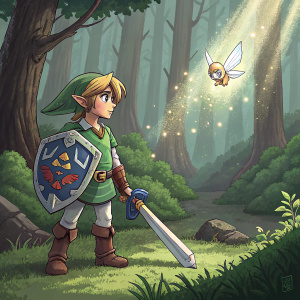 Link from The Legend of Zelda, in a pixel art style, standing in a forest clearing. Wearing green tunic, blue undershirt. Small fairy floating beside him.