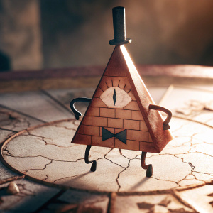 Digital illustration of Bill Cipher, character from Gravity Falls, posed on an unusual platform with cracks and blue hues. Dark blue backdrop, highlighting the figurine.