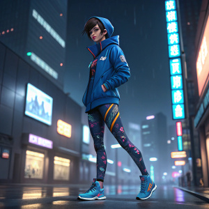Illustration of Tracer from Overwatch, in an anime-style. Blue hoodie, leggings with vibrant prints, blue sneakers. Standing on neon-lit cityscape background.