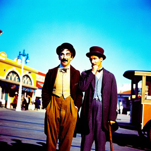 Vintage snap featuring Chico Marx and Groucho Marx in period costumes. Set against a bustling street scene, complete with an ice cream cart. B&W imagery evokes classic charm.