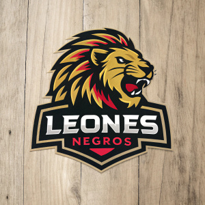 The logo of Club Deportivo Leones Negros. Depicting a fierce lion's head mascot with an aggressive demeanor. The design includes a prominent mane, colors of gold, black, and red. Text reads 'LEONES NEGROS' below the logo. Set against a backdrop of a rustic, wood-textured surface.