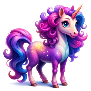 pinky and purple colored, full body unicorn, white background, cartoon style