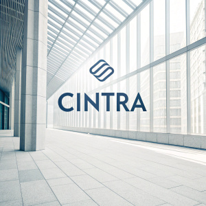 Modern logo design for Cintra. Clean, minimalist style. Spanish text and grid pattern background.