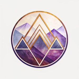 Genera un logo simple y geométrico para una empresa de joyería boliviana que lleve el nombre "Ametrine" en tipografía Stoked abajo del logo, incorporando los colores violeta y dorado, junto con el Illimani, una montaña emblemática de Bolivia, como símbolo representativo del país.