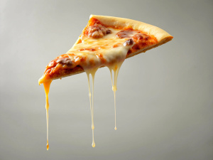 One thin single slice of italian pizza perspetive shot with blender cheesse dropping