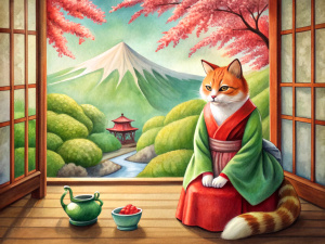 ORANGE CAT WEAR KIMONO, IN JAPANESE STLYE HOUSE, TABLE WITH GREEN TEA CUP , WALL WITH JAPANESE PAINTING , FUJI MOUNTAIN OUTSIDE WINDOW, WIND BLOW , SAKURA BLOOMING , 