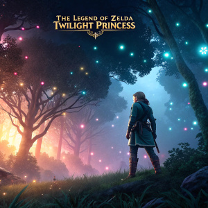 Digital art poster for The Legend of Zelda: Twilight Princess. The character is depicted in vibrant, mystical environment. The title is in Japanese.