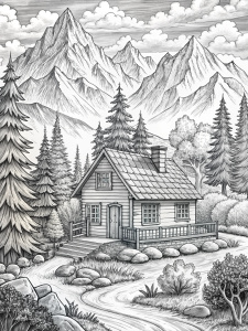 coloring page, no colors, a country cottage with mountains and trees in the backdrop