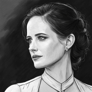 A detailed sketch of actress Eva Green as Vesper Lynd from Casino Royale. Close-up on face and upper torso. Dark background, monochrome with black and white