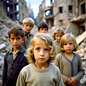 spanish caucasian blonde children with sad face in a city destroyed by war searching for food in the rubble
