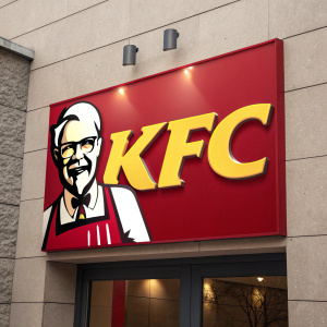 Modern rebranding of KFC logo featuring Colonel Sanders in vibrant colors. Bright yellow text on deep red background