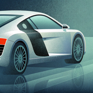 Digital art rendering of a white Audi R8 with black accents. Car viewed from the rear. Background is dark and moody