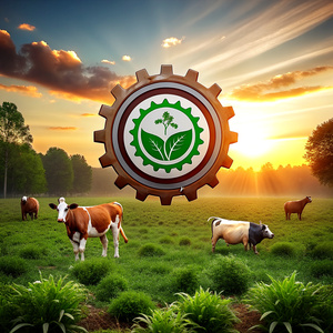 Design me a logo that contains a cow and a chicken and inside an agricultural field and around everything that forms a gear and below it mentions the word ERINAGRO
