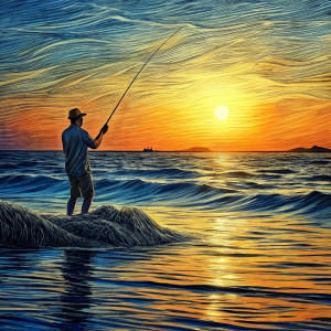 outline of fisherman fishing in the pacific ocean from the shore with a sunset in the background