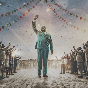 Colorful, modern event with Fidel Castro, dressed in a vibrant suit, celebrating with a crowd of diverse people.