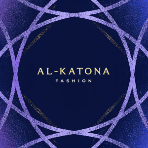 Sophisticated logo design for Al-Katona Fashion. Golden abstract shapes intertwined with the brand name. Displayed on a sleek black background in a digital art style.