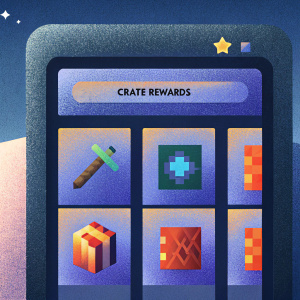 Minecraft game interface. Voting screen for crate rewards. Pixelated graphics, vibrant colors. Various items displayed in a grid layout.