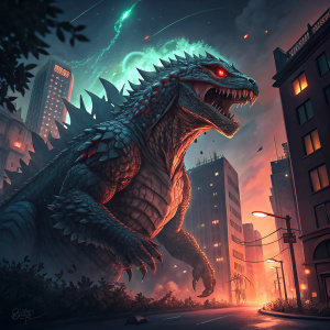 Digital painting of Godzilla. Giant scaly creature with powerful jaw and glowing red eyes. Nighttime cityscape background, dramatic lighting, vibrant colors