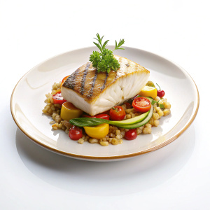 Delicious dish of mahi mahi fish isolated on white background