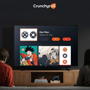 Digital interface for Crunchyroll, dark background. Icons for web, mobile, smart TV, consoles. Spanish text about access options, subscription plans. Fan plan, mega-fan plan, content details.