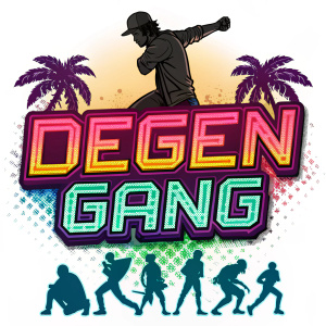Degen Gang logo in vibrant pixel art style. Bright neon colors, dynamic design