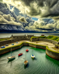 Cullen harbour in Moray with boats,stormy,3D,cut felt,wide angle