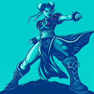 Chun-Li, the iconic fighting game character, poses dynamically. Green and red outfit with high boots and long skirt. Standing in a fierce fighting stance. Multiple angles showcasing her sculpted physique and detailed facial expressions.