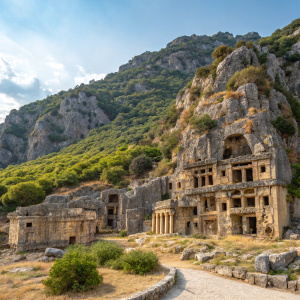 Ancient ruins of Myra, located in Antalya, Turkey, showcasing stone structures carved into the cliffside. The site features various levels of decayed architecture, including arches, columns, and walls. Lush Mediterranean vegetation, in vibrant shades of green, surrounds the ruins, while the rocky cliff provides a dramatic backdrop.