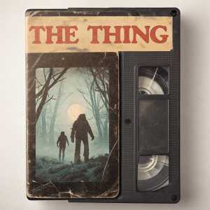 Retro VHS tape cover for 'The Thing'. Aged and worn texture. Illustration with title 'The Thing' in bold, eerie font.