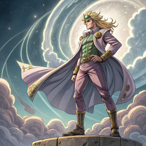 Gyro Zeppeli, hero from JoJo's Bizarre Adventure, posing for a comic book cover. Stands atop a floating platform, surrounded by mystical aura.