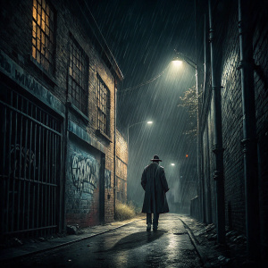 Mysterious film noir poster for Il Grido. Dark alleyway, lone figure standing under dim streetlight. Heavy shadows and rain create a somber mood. Graffiti-covered brick wall and rusted metal barriers frame the scene.