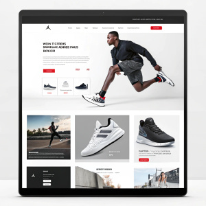 A sleek website design for a sports brand featuring a minimalist layout with high-resolution images of athletic gear, including shoes, displayed in a grid format. The color scheme is primarily black, white, and shades of grey, creating a modern and professional look.