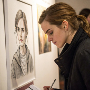 Emma Watson sketching at an art exhibition. Close-up shot showcasing her focused expression. A small portrait of Emma is visible in the corner, aiding the artist's inspiration. The artwork captures a realistic likeness with unique artistic flair.