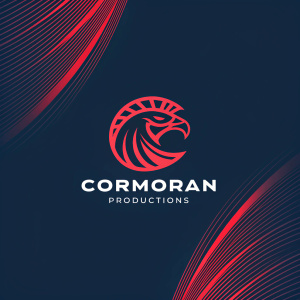 A sleek logo for 'Cormoran Productions'. Dark background, vibrant red abstract design. Bold, modern font for the company name