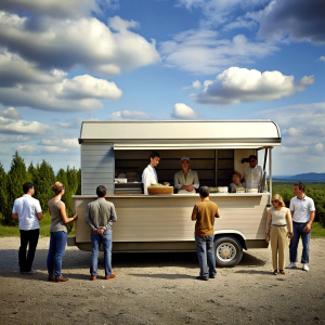 people ordering food at counter in food truck outdoor, day time