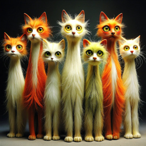 Stylized hairy feral cats with elongated bodies and large, expressive eyes, standing in a row. Each of them has a different color and size.
They are artistically represented, with long, thin bodies, and large, round eyes.
One is tall yellow that stands out in the center.
Another smaller orange-red on the right.
Their eyes are disproportionately large compared to their bodies, giving them a cartoonish appearance.
The background is darkand features raindrops falling vertically