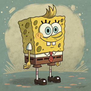 SpongeBob SquarePants, iconic animated character, depicted in a modern, edgy illustration. Grunge art style, textured background, muted tones